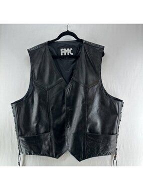 FMC Leather Biker Vest Mens 54 3XL Side Lace Snap Front Pockets Adjustable Black